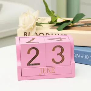 Wooden Desk Calendar,Desk Calendar Blocks for Teachers,Office Perpetual Date Block Small Home Desktop Decor Chic Vintage Month with Number Cubes Display Rustic Decoration (Sakura Pink)