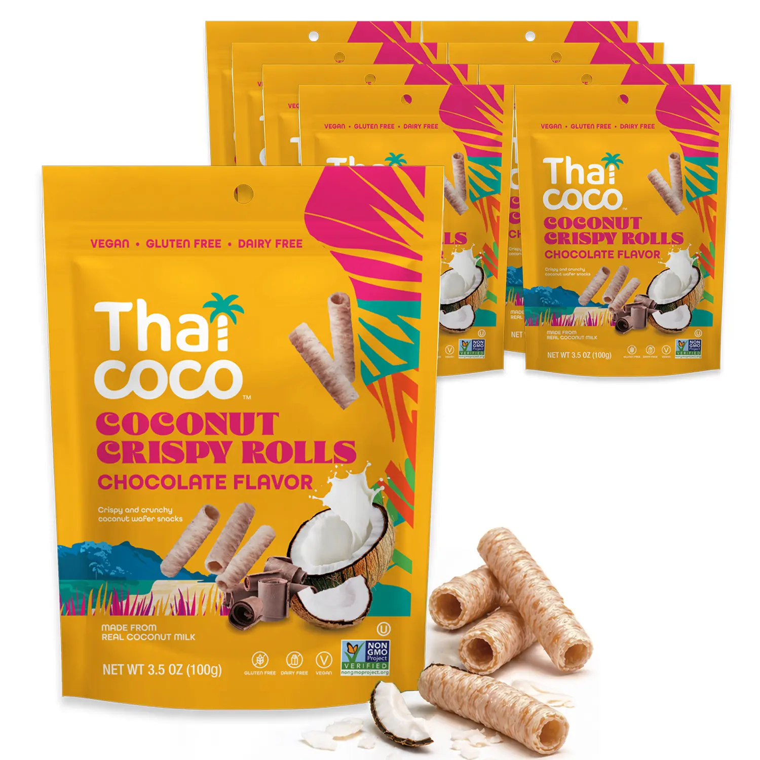 Thai Coco Chocolate Crispy Coconut Rolls 8 Bag (3.5 oz) - Organic Tropical Snack, Vegan, Gluten-Free, Dairy-Free, Non-GMO, Light Fluffy Healthy Snack