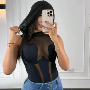 Body Capota - Stylish Black Mesh Bodysuit with High Neckline and Sheer Panels for Trendy Outfits