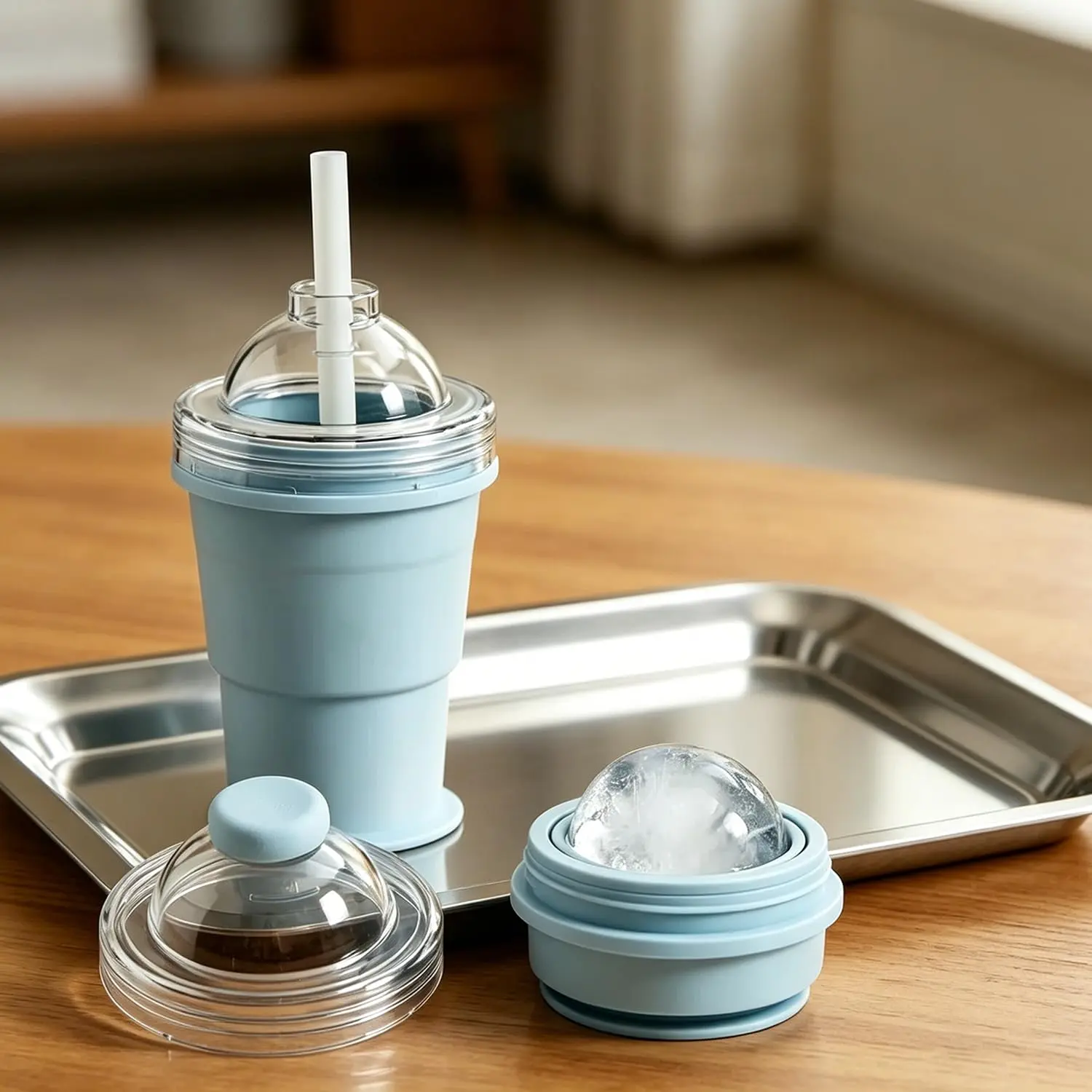 1 Piece Blue Silicone Foldable Ice Ball Cup, 2-in-1 Ice Mold & Straw Cup, Food Grade Silicone Travel Tumbler, Leakproof Collapsible for Home & Outdoor Use
