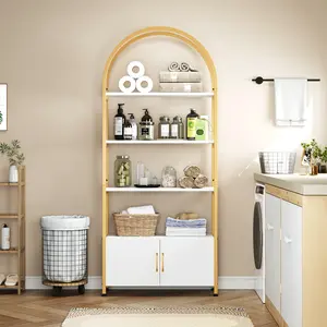 4 Tier Bookcase Bookshelf, 71.5 Inches Tall Arched Bookcase with Doors Storage, Open Curved Bookcase, Display Shelf for Living Room and Office