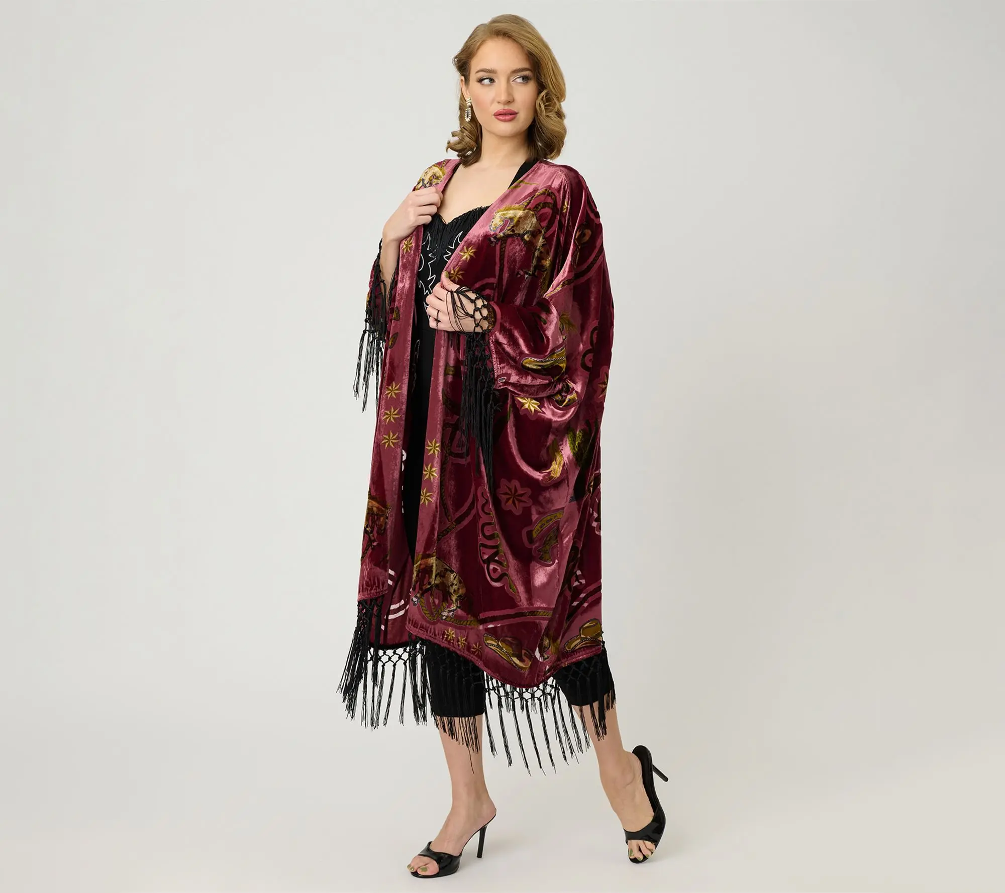 Unique Vintage Burgundy Western Burnout Velvet Fringe Kimono