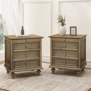 Farmhouse Nightstands Set of 2 with 4 Drawer, Wood Storage End Table with Hidden Pull-Out Shelf, Large Side Table with 4 Solid Wood Feet and Metal Handle, Easy Assembly, Light Brown