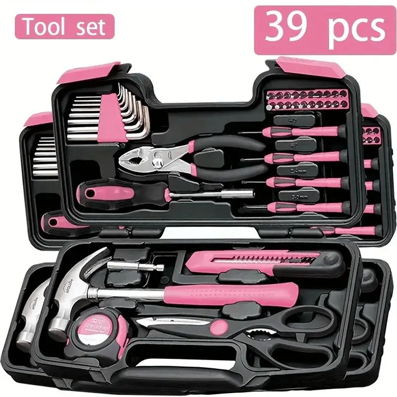 39-Piece Carbon Steel Household Hand Tool Kit - Durable Manual Set with Wrench, Screwdriver, Hammer, Compartmentalized Storage, Ideal for DIY Projects, Home Repairs, Great Gift for Handymen