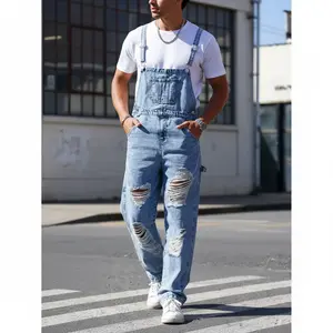Men's Bib Overalls, Casual Streetwear Jumpsuit in Ripped Vintage Wash Cotton Denim with Adjustable Straps & Pockets, Hoodie