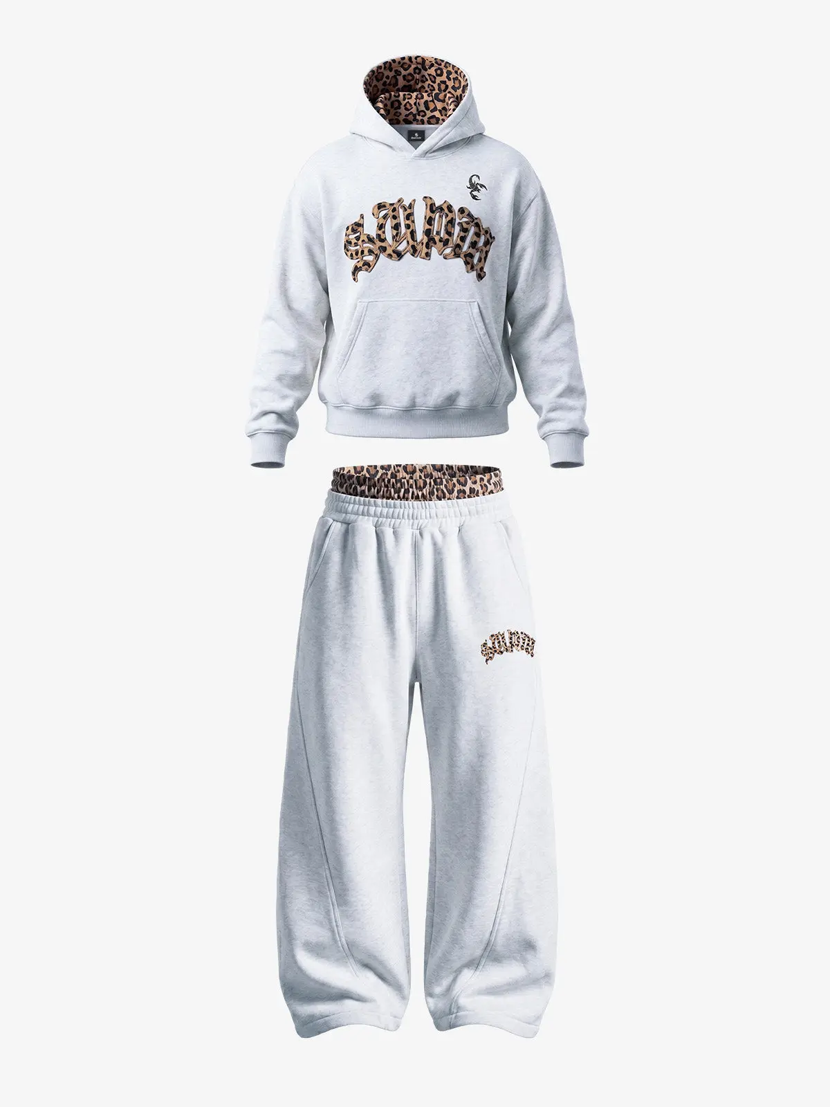 Thesupermade Leopard Patchwork Hoodie & Jogger Set | Animal Print Fleece Two-Piece Streetwear Set Men Women
