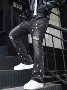 Men's Washed Ripped Denim Jeans, Mid Waist Slim-Fit Button Fly, All Seasons Streetwear Fashion, Trendy High-Street Style