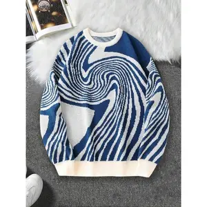 Unisex's All Over Print Drop Shoulder Sweater, Loose Street Long Sleeve Round Neck Jumper for Fall & Winter, Fashion Unisex's Knitwear for Daily Wear