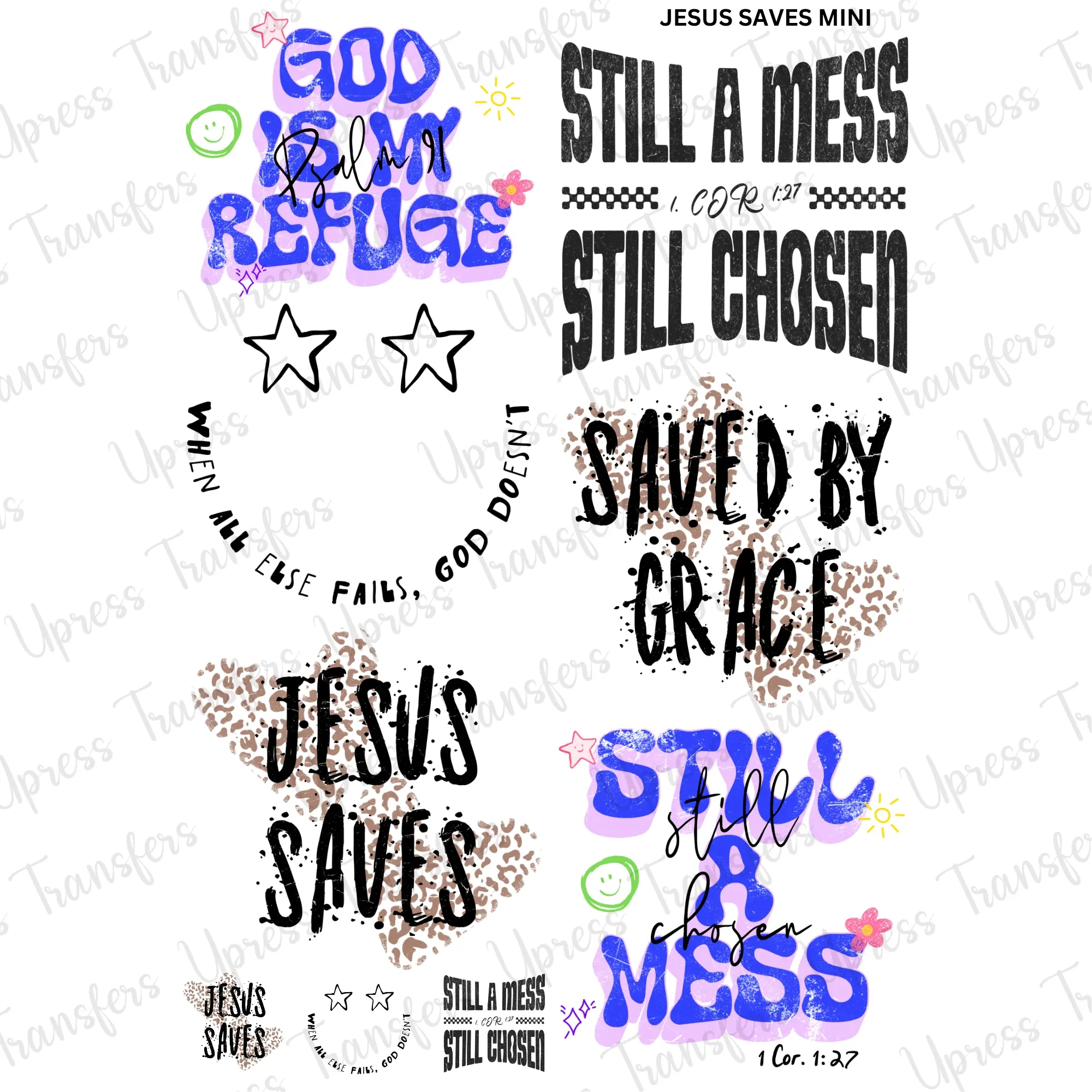 Jesus Saves Mini DTF Transfer Gang Sheet 24.5" wide x 36" long. Direct To Film Mini Gang Sheet