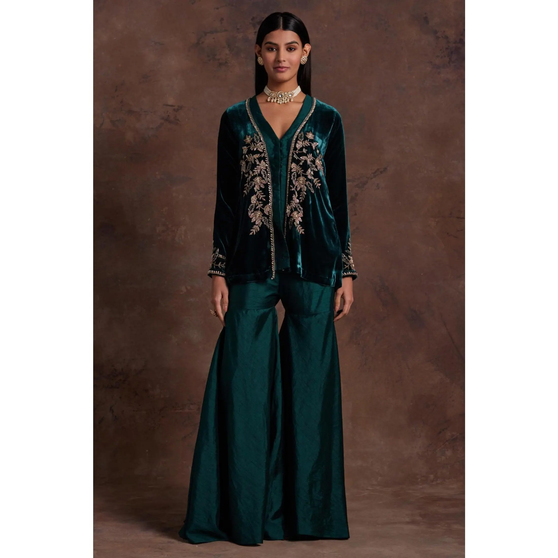 Green velvet jacket with silk peplum and sharara set