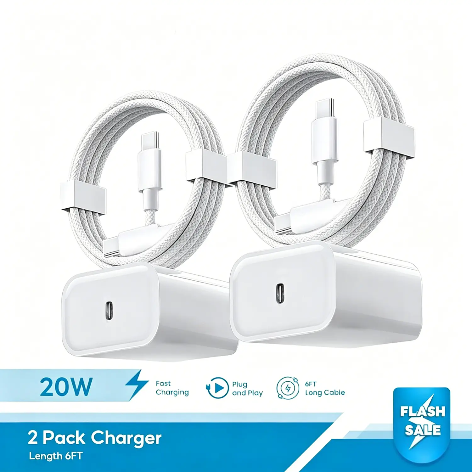 2 Pack 20W USB-C Super Fast Charger Block with 6FT/10FT Type-C to C Cable Kit, High Speed Portable Travel Charging Adapter Compatible with iPhone 15/16, iPad Pro/Air/Mini & All USB-C Phones