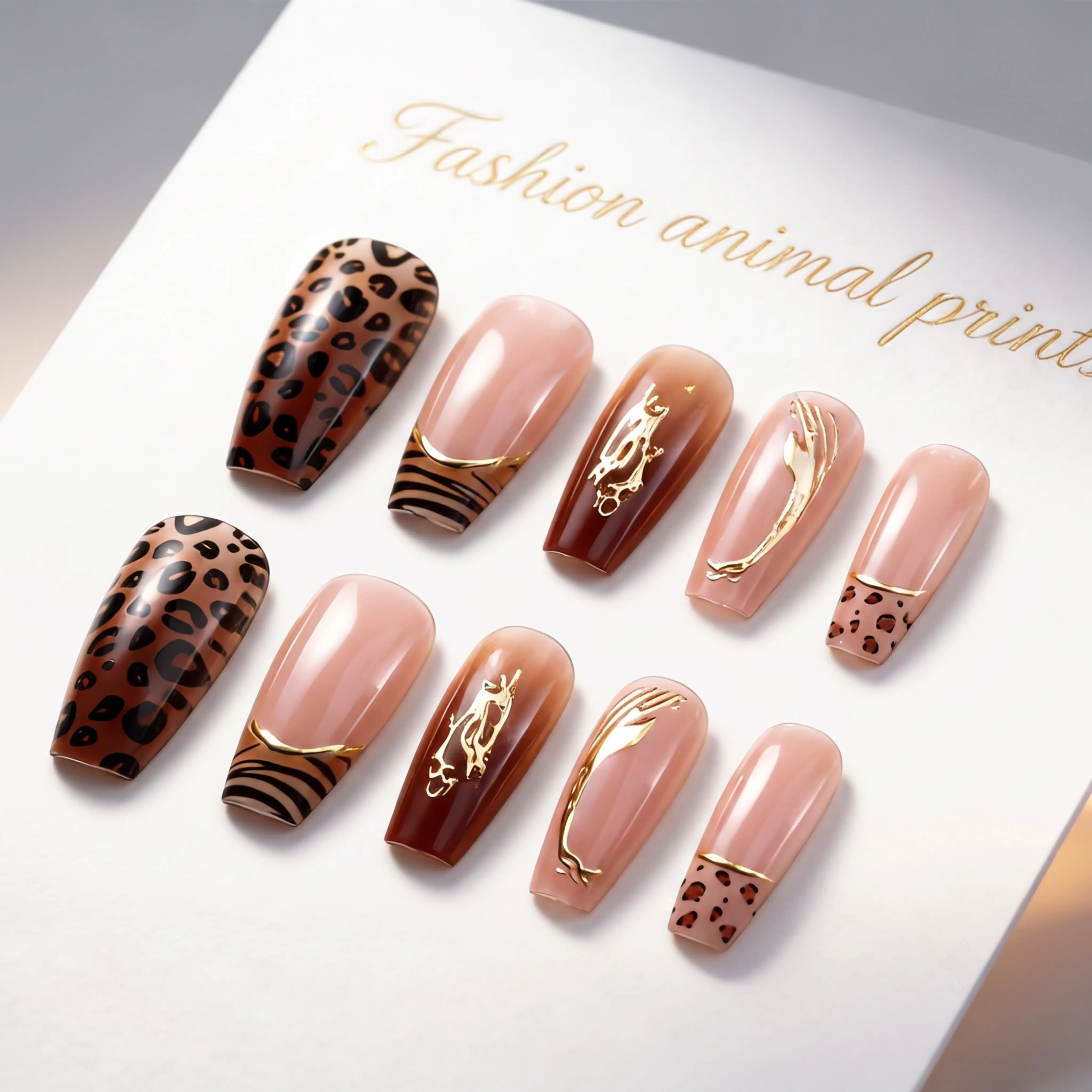 Y2K Nude Brown Ombre Long Coffin Press-On Nails, Leopard & Zebra Print with 3D Metallic Gold Fluid-Line French Tips, Zatvios