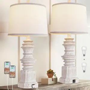 Bedside Table Lamp (2-Piece Set) Bedside lamp with dual USB charging ports Rustic decor table lamp with white fabric shade Features 3-color mode bulb Ideal for offices, living rooms, and bedrooms