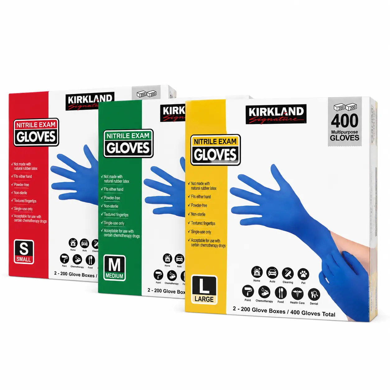 Kirkland Signature Nitrile Exam Gloves, 400 Count (2 x 200), Powder-Free, Latex-Free, Disposable Multipurpose Gloves, Non-Sterile, Textured Fingertips, Small/Medium/Large