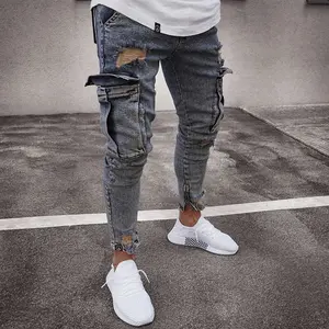 Mens Stretchy Skinny Ripped Jeans Men Side Pocket Washed Slim Denim Pants Biker Fashion Sweatpants Hip Hop Trousers   Menswear