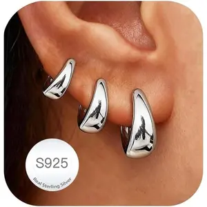 Valentines Day Gift 3 Pairs 925 Sterling Silver Earrings for Women Girls Non Tarnish Small Hypoallergenic Huggie Hoops Cartilage Stack Earring Sets for Multiple Piercing
