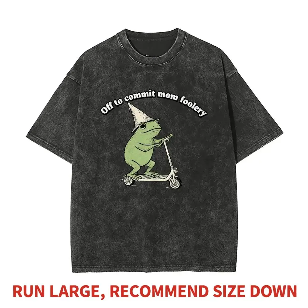 Funny Frog Off To Commit Mom Foolery Heavyweight Boxy Fit T-Shirt Vintage Washed Oversized Women Cotton Graphic Tee