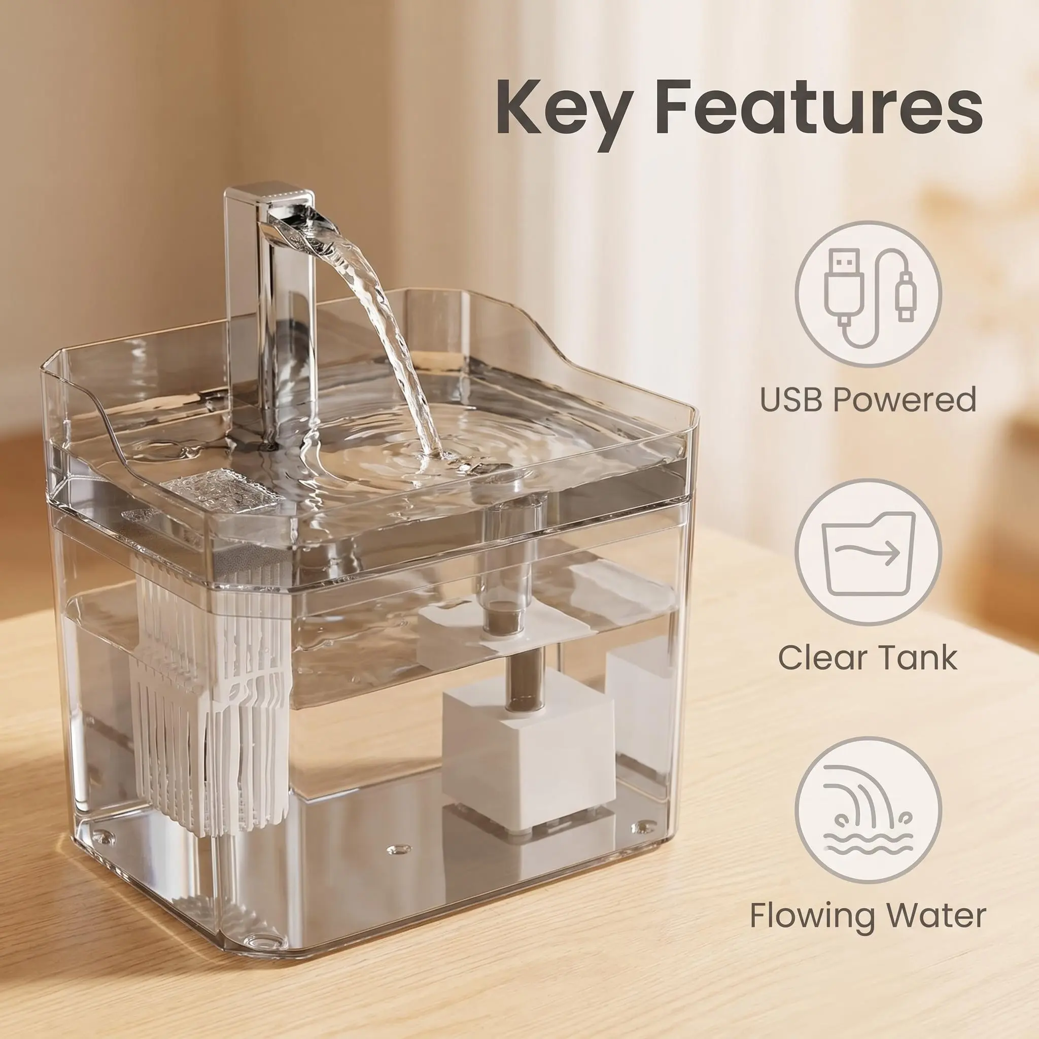 Transparent Plastic USB Automatic Cat Fountain - Integrated Filter, See-Through Water Tank, Continuous Flow Animal Water Bowl for Cats, Ideal for Office, Business Trips to Encourage Hydration