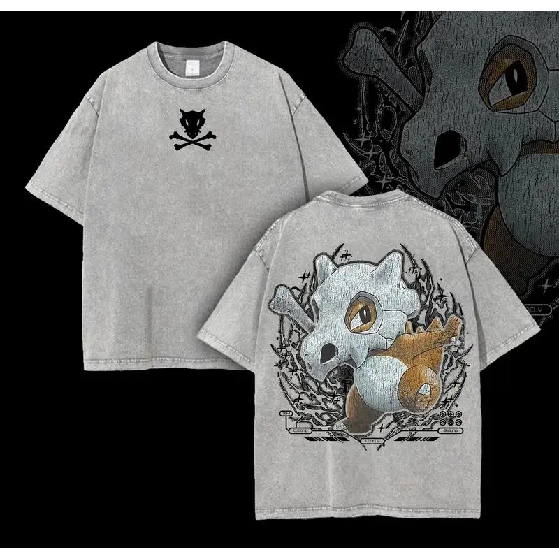 Women's "Pocket Monster" Cubone Round Neck Oversized Loose Short-Sleeve Vintage Ribbed Seamless Acid-Washed Heavy Cotton Anime Streetwear T-Shirt for Fans