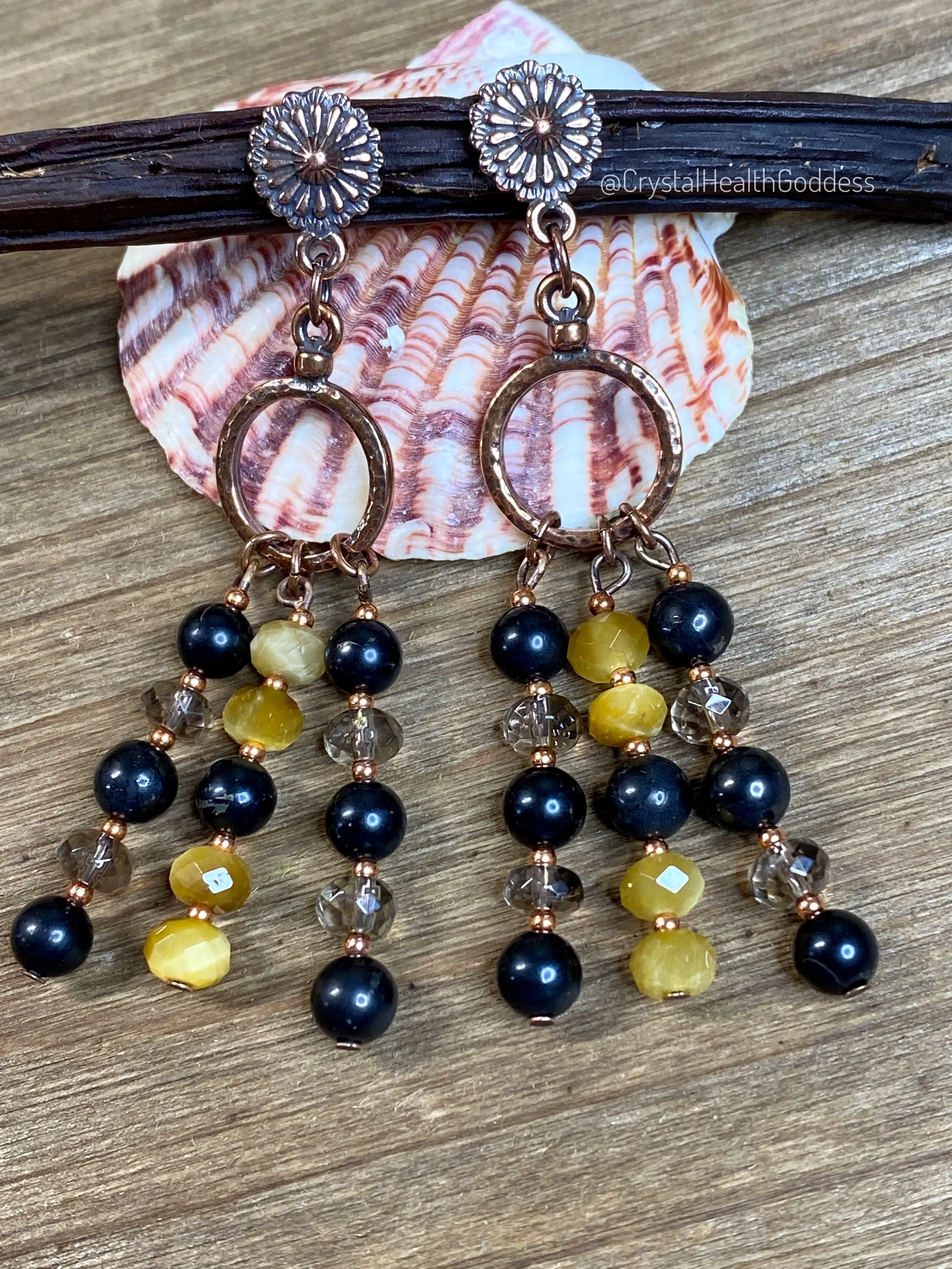 Shungite + Smokey Quartz + Tiger Eye Antique Copper Chandelier Earrings