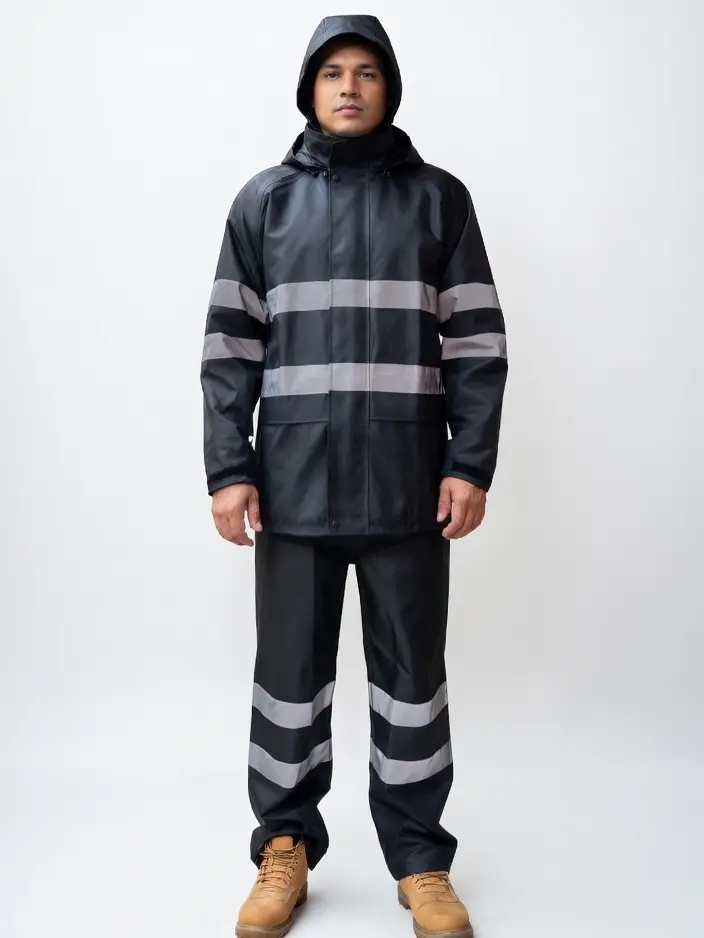 Black Safety Rain-suit, Rain Jacket With Hoodie and Rain Pants