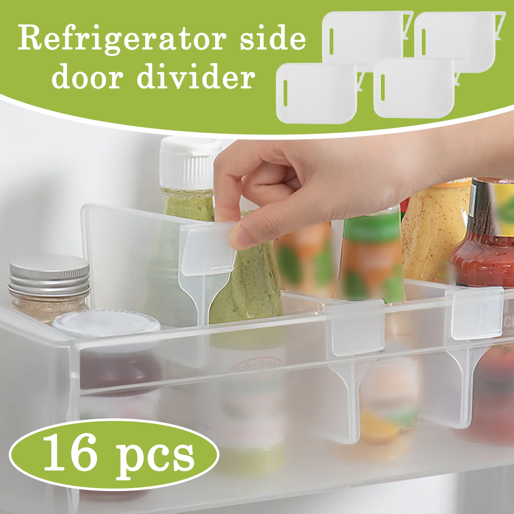 16 Counts Fridge Drawer Divider,Translucent Organizer Bin, Adjustable Sections for Neat Storage Solutions，Retractable Fridge Door Organizer Clip, Snap-On Refrigerator Side Door Separators Grid Dividers