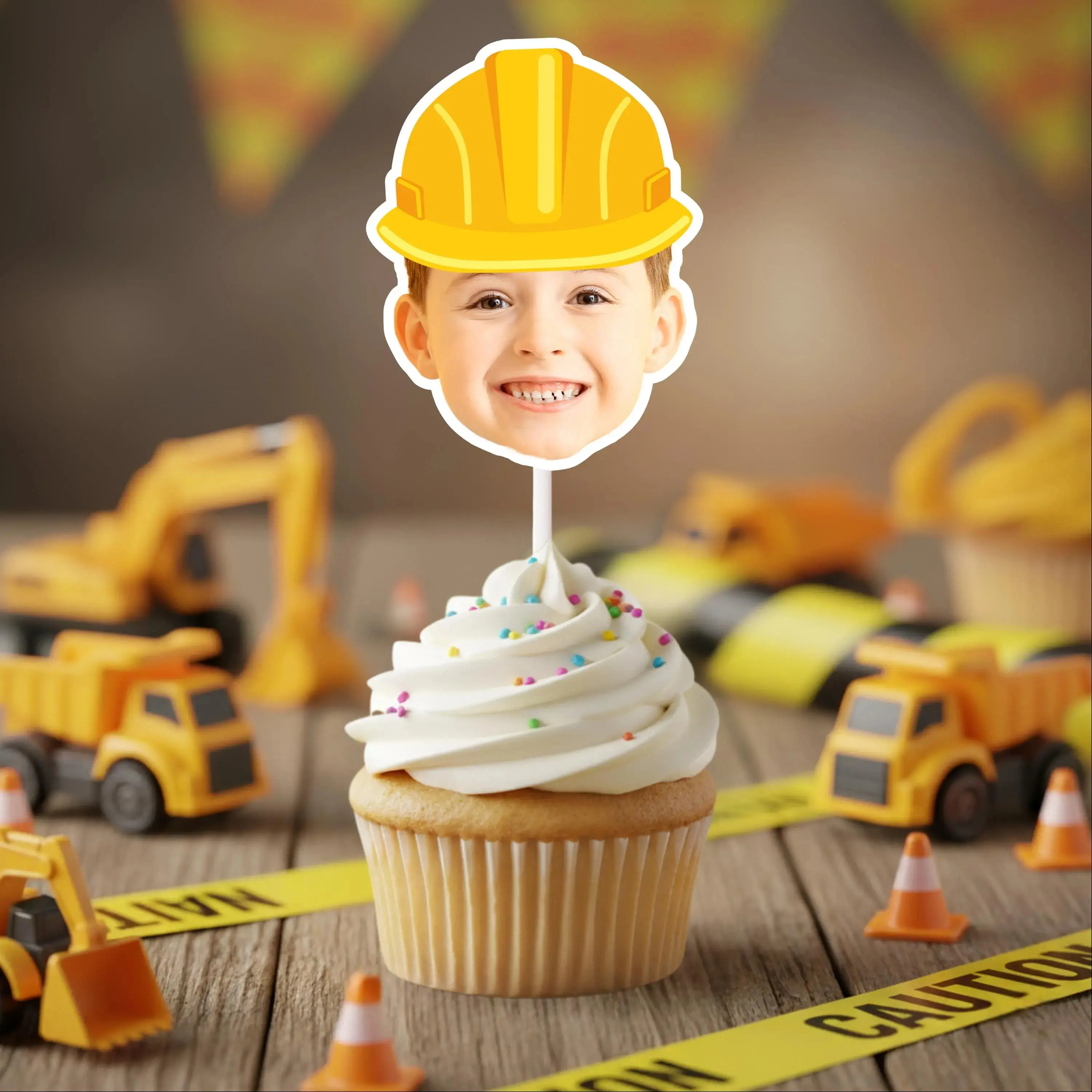 Construction Hat Photo Cupcake Toppers – Builder Birthday Party Decor