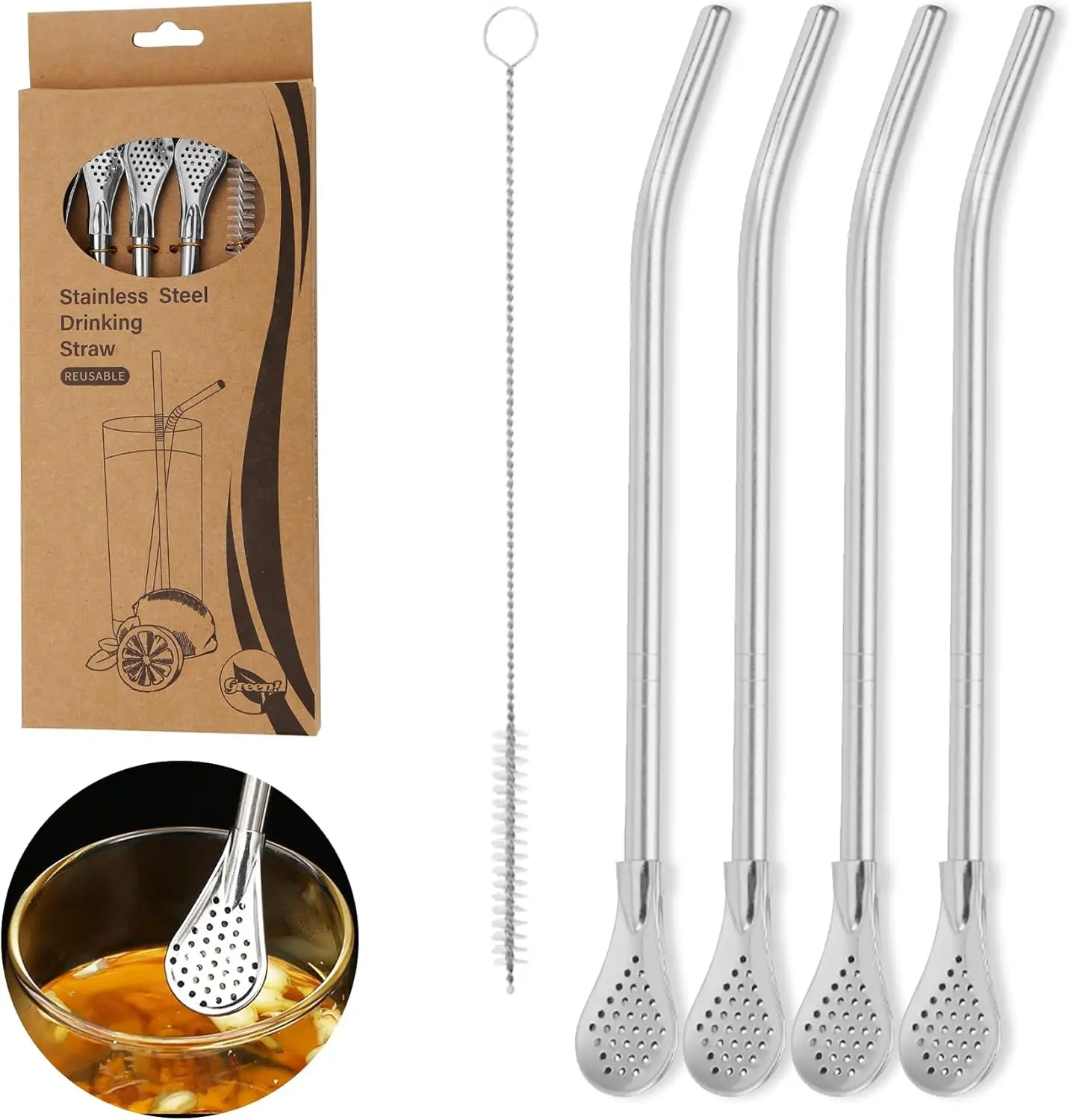 4pcs Stainless Steel Reusable Straw Set - Detachable Beverage Utensil with Filter Head, Long Straw Brush, Sturdy, Colorfast, No Oxidation, Dishwasher Safe, Heat Resistant, No Metal Aftertaste Travel & Office Kitchenware Accessory