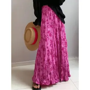 Women's Elastic High Waist Floral Crinkle Maxi Skirt Smocked Pleated Flowy Long Skirts Hot Pink Boho Beach Vacation Summer Resort Wear Maternity Friendly Lightweight Cover Up Dopamine Dressing SpringRAIMENTRY