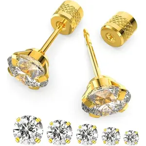 5 Pairs Push-in Flat Back Stud Earrings Hypoallergenic Surgical Stainless Steel Cubic Zirconia Earrings Studs Set Multi-Pack, CZ Stud Earrings for Women Men Trendy Cartilage Stud Earrings 4-8mm