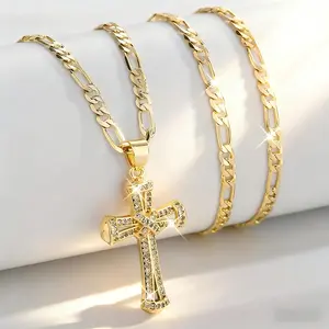 Festive Fashion Trendy Iced-Out Cross Pendant Necklace, 14k Gold Plated, Gift for Friends, Prayer Blessing, Mother's Day