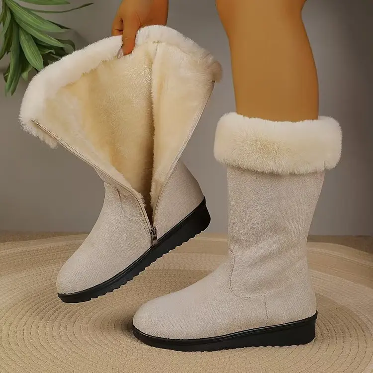 Women's Chic Round Toe Cold Weather Knee High Boots - Warm Fur Lined, Side Zipper, Slip-On Wedge Sole, Comfortable Shoes for Women, Cold Weather Gear, Walking, Daily Wear