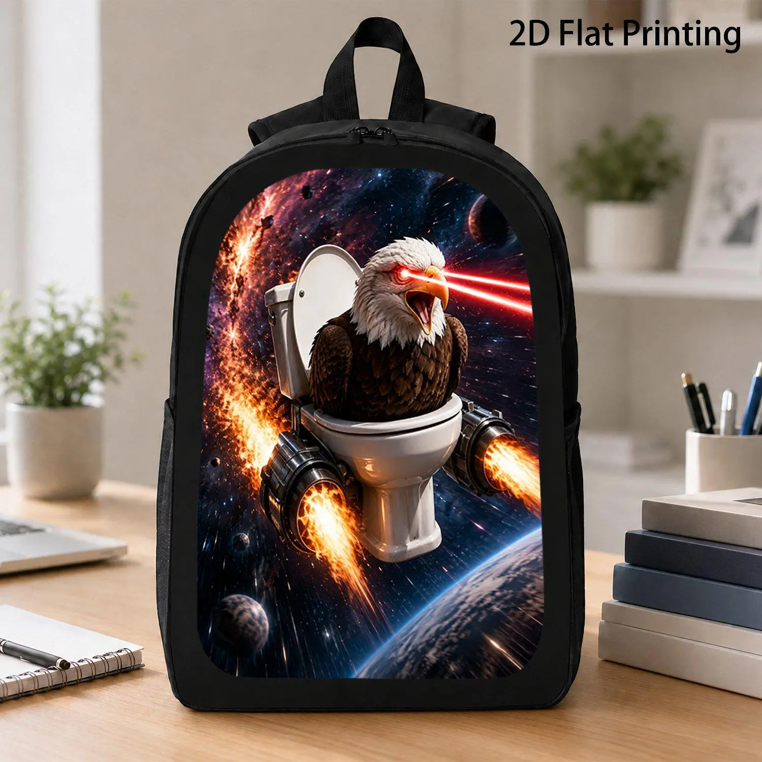 17 Inch Backpack Powerful Laser Eyes Bald Eagle Space Rocket Toilet Graphic Universe Cool Animal Print Teen School Bag Durable Travel Rucksack