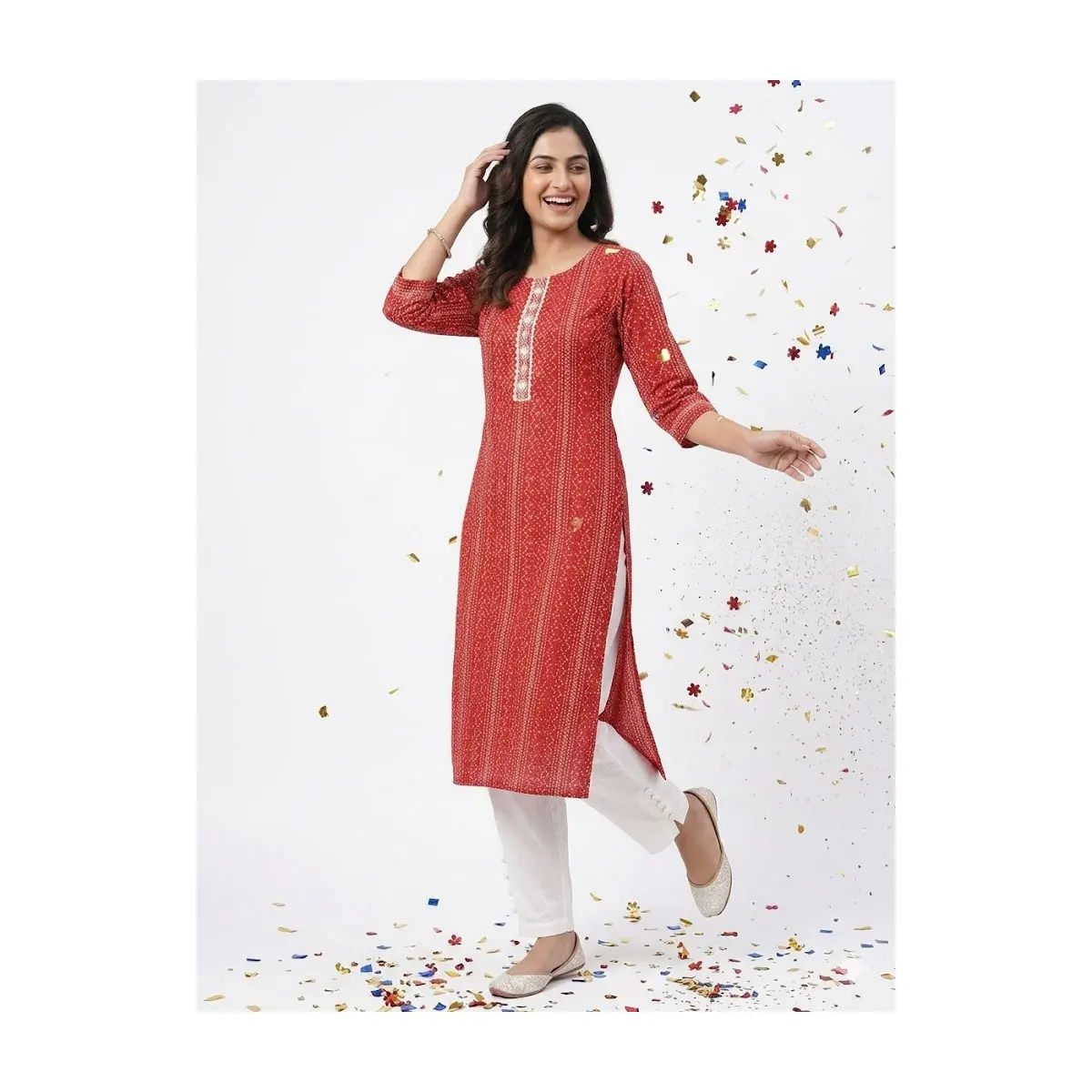 #Kurthitop-3Traditional Red Printed Kurti with White Center Panel