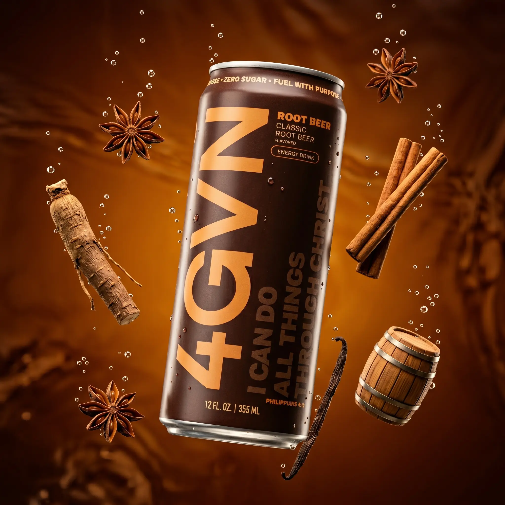 4GVN Creamy Flavor Root Beer Soda Sports Energy Drink - 0 Sugar, 200mg Clean Caffeine, Carbonated Beverage for Active Individuals, Energy Drinks