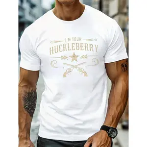Men's Casual Short Sleeve T-Shirt - Breathable Summer Outdoor Tee With Western Graphic Print "I'm Your Huckleberry" Design, Regular Fit Round Neck, Machine Washable, Comfortable Fit Shirt