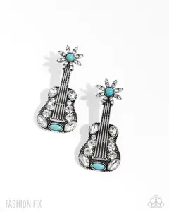 Country Comeback - Blue Turquoise Round and Oval Stones Along with White Rhinestones Cover Silver Guitar Post Earrings