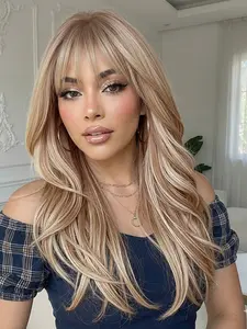 Ash Blonde Long Wavy Wig with White Highlights & Full Bangs | Daily Style 20inch Synthetic Fiber Wig