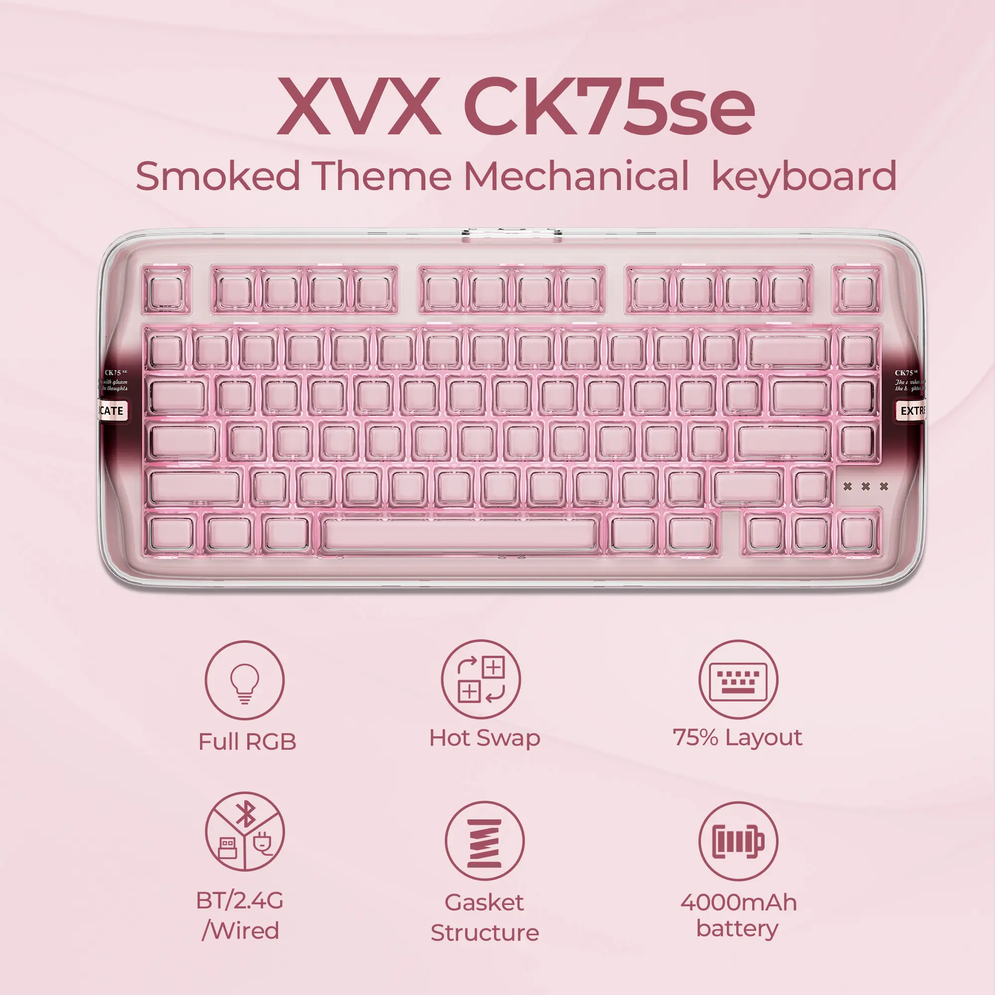 XVX x CoolKiller CK75 SE 75% Tri-Mode Mechanical Keyboard, Gasket Mount Hot-Swap Linear Switch, 75% Wireless Keyboard with Crystal Jelly Transparent Keyboard with Full RGB for Gaming and Office, keyboard for Windows/Mac tiktokshopbacktoschool