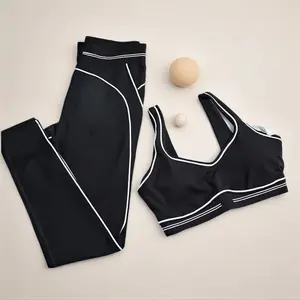 Women Contrast Trim Sports Bra and High Waist Leggings Set, Medium Impact Workout 2-Piece Activewear