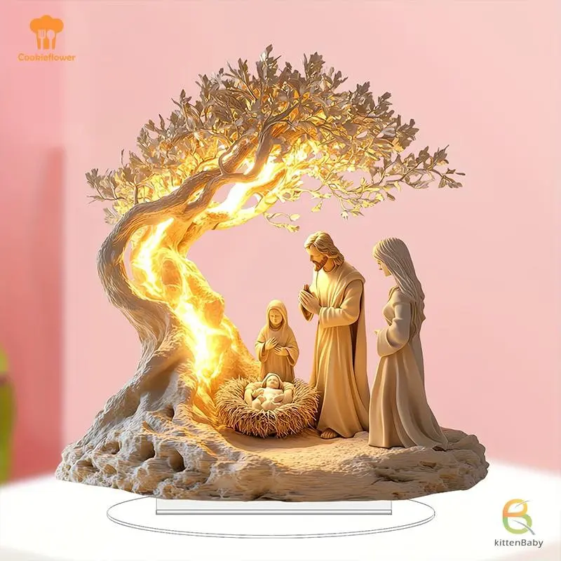 Nativity Scene Figurine with LED Light, Holy Family Christmas Decoration, Religious Home Decor, Jesus Birth Display
