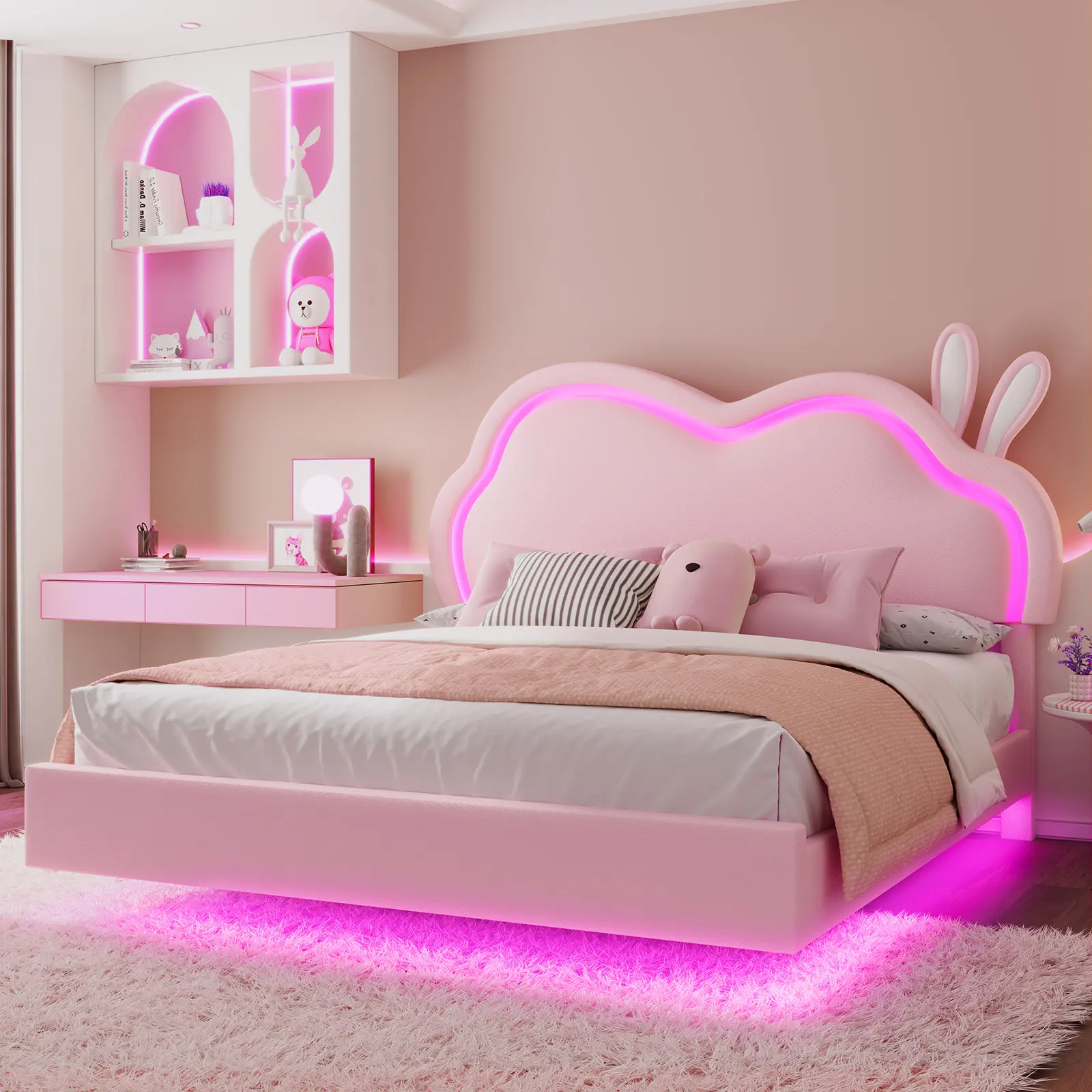 [SummerSale] ALBOTT Floating Full Size Bed Frame, Leather Upholstered Child Design Platform Bed with Adjustable RGB LED Cloud-Shaped Headboard, Wood Slats Support, No Box Spring Needed, Child Design Beds