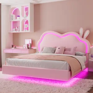 [DealsForYouDays][SummerWins] ALBOTT Floating Full Size Bed Frame, Leather Upholstered Child Design Platform Bed with Adjustable RGB LED Cloud-Shaped Headboard, Wood Slats Support, No Box Spring Needed, Child Design Beds