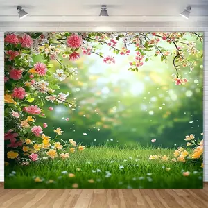 Vibrant Spring Flowers & Green Grass 2D Flat Outdoor Banner, 1pc Multi-Size Party Decorations Banner, Reusable Polyester Fabric, No Power Required, Home & Festive Supplies Backdrop, Outdoor Banners, Party Decorations Banners