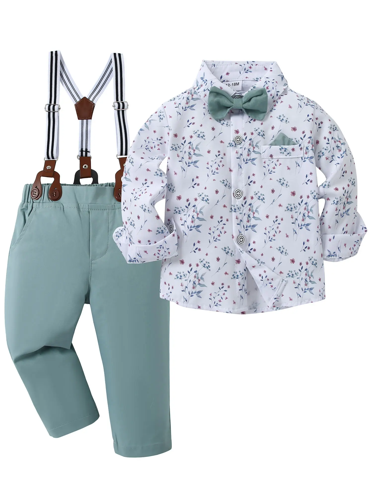 Boys' Modest Formal Suit Set - 1-5T Gentleman Tuxedo with Breathable Fabric Cotton Long-Sleeve Dress Shirt, Removable Bowtie, Elastane Suspender Pants, Colorblock/Fitted Design for Baptism, Pageant, Wedding Events, Toddler Suit, Soft Cotton