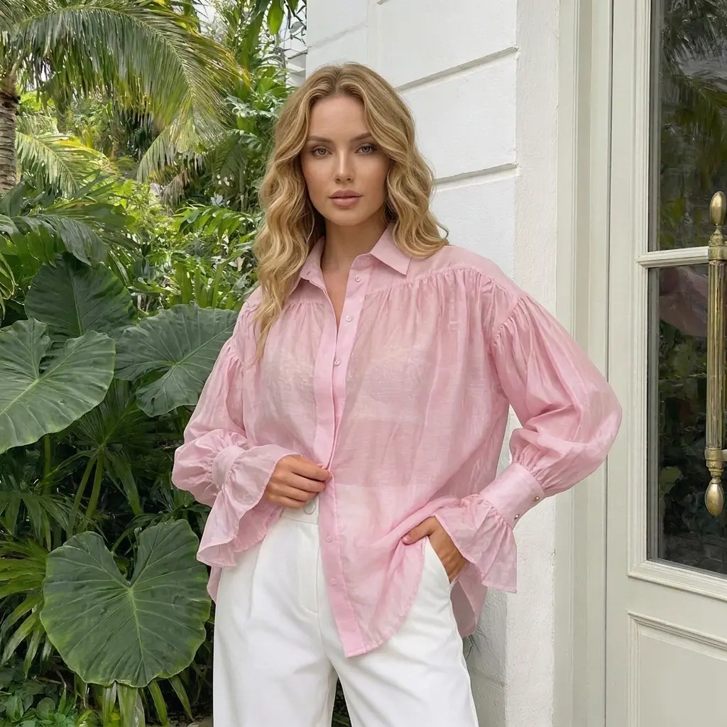 ChicCurve Women's Sheer Lantern Sleeve Button-Down Shirt Elegant Pleated Chiffon Blouse with Ruffle Cuffs Lightweight Breathable Oversized Top for Summer Vacation & Casual Work - Accessory, Womenswear