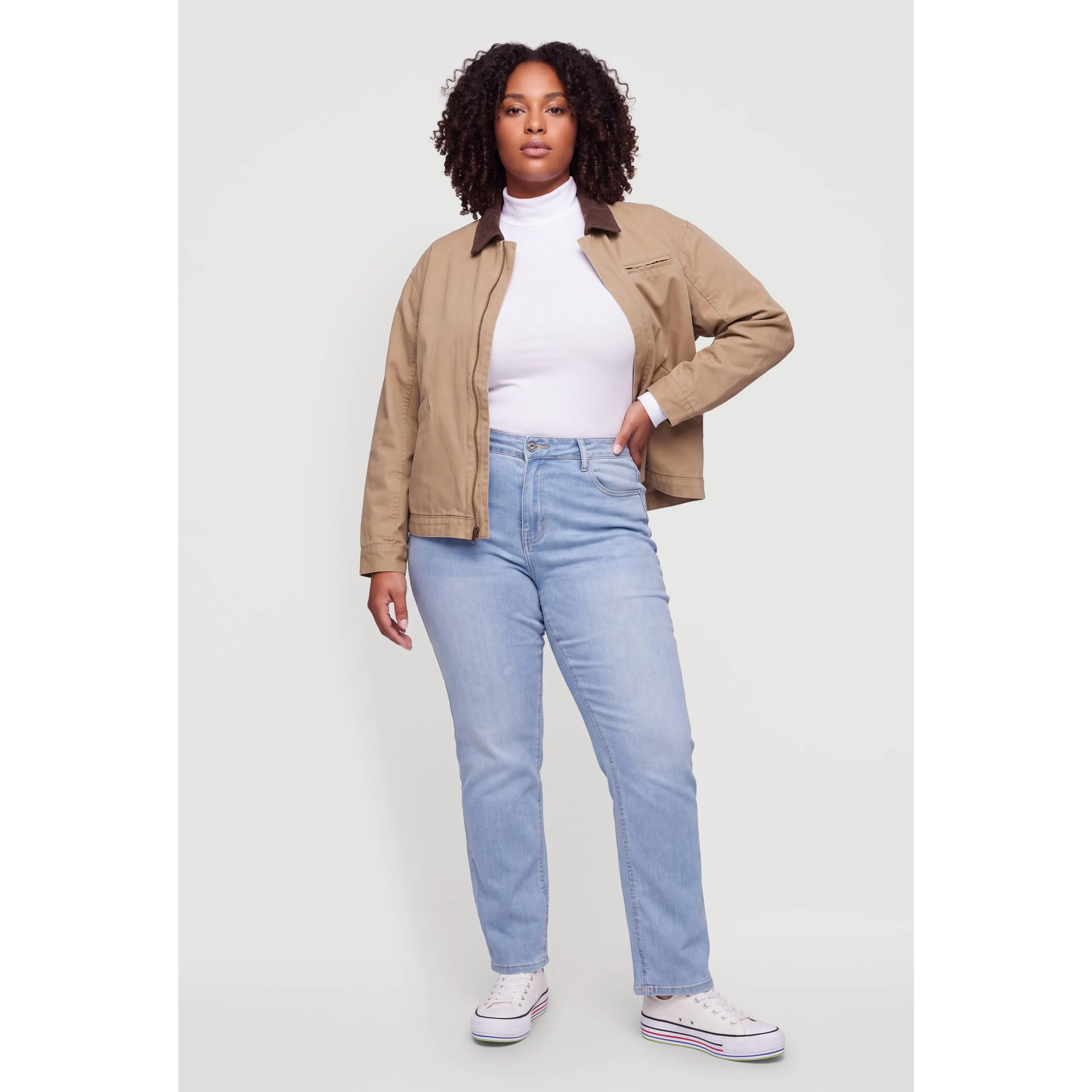 Plus Size Contrast Trim Zip Front Barn Jacket