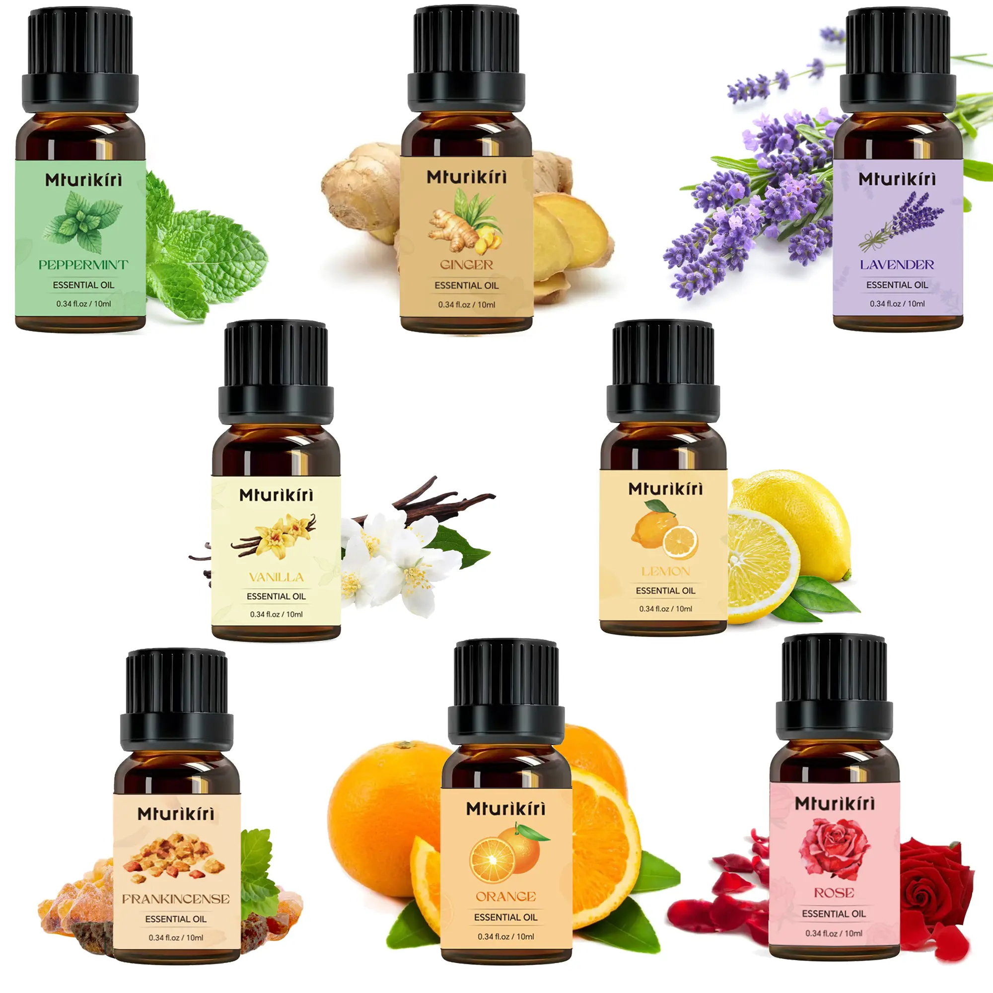 MTURIKIRI Essential Oil Collection - 8 Unique Scents Including Lavender, Rose, Sweet Orange, Lemon, Peppermint, Frankincense, Ginger, Vanilla - 0.34oz & 1.01oz Each - Ideal For Aromatherapy And Skin Care, Perfect Valentine'S Day Gift