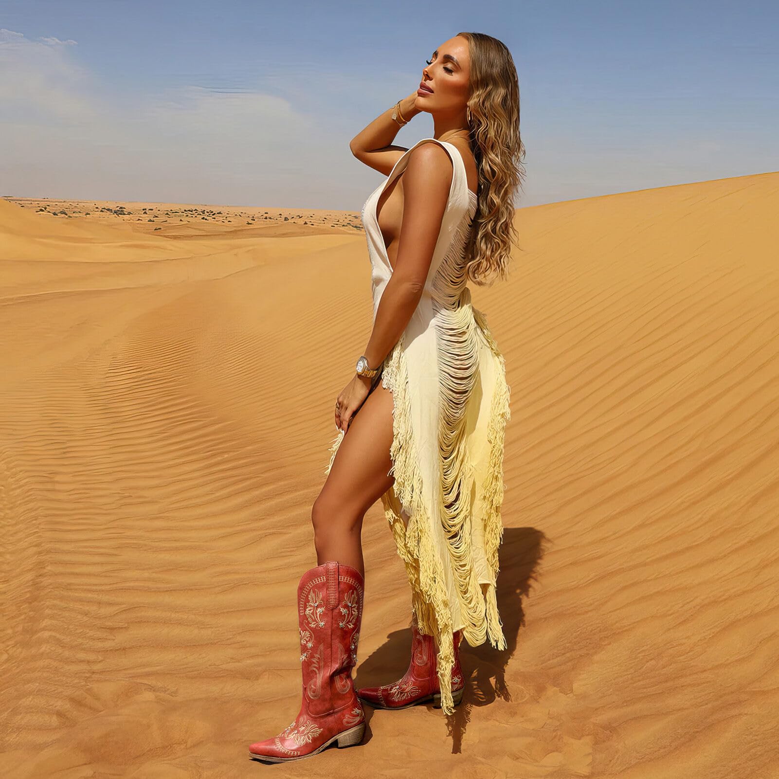 Fashion Cowboy Boots for Women - Wide Calf Sparkly Cowgirl Boots, Comfort Women's Knee High Rhinestone Boots, Glitter Sparkle Country Boots with Classic Embroidery, Pointed Toe Pull On Zipper for Festival Concert Outfits