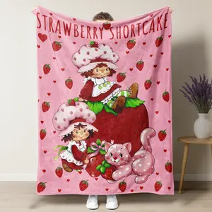 Strawberry Shortcake & Cat Vintage Flannel Blanket,Pink Double Character & Strawberry Print Soft Throw Blanket,Perfect Gift for Kids & Nostalgia Lovers,Lightweight Bed Blanket for All-Season Sleep